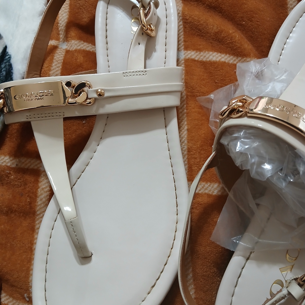 Coach Women's Gold and Cream Sandals - Picture 3 of 4